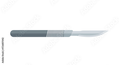 A single, gray and silver scalpel with a sharp blade is centered against a white background.