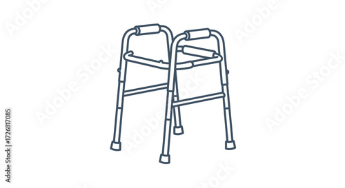 Line drawing of a folding walker, assistive device, isolated on a white background.