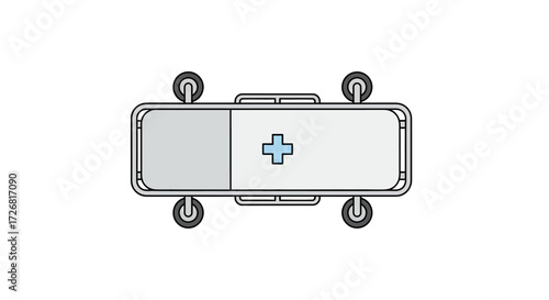 Overhead view of a medical gurney with a blue cross symbol, ready for patient transport.