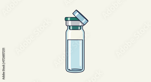 A clear, vector illustration of a vial containing liquid with a detached cap.