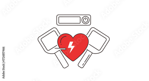 Illustration of a defibrillator, heart symbol, and control panel, representing medical emergency.