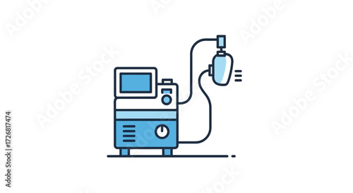 Illustration of a medical ventilator, featuring a screen, tubing, and an attached oxygen reservoir.