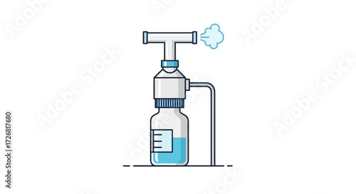 Illustration of a nebulizer with blue liquid inside a bottle, emitting vapor, on a white background.