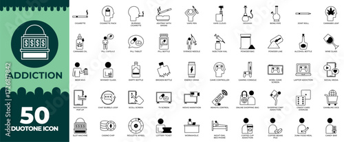 Addiction Icon Set – Substance Abuse, Recovery, Therapy, Mental Health, Awareness Illustrations