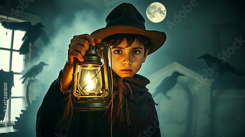 Boy holding lantern surrounded by crows at night