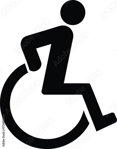 Wheelchair accessibility icon, black silhouette vector, disability support symbol, inclusive design element, mobility aid graphic, healthcare access illustration, public facility signage
