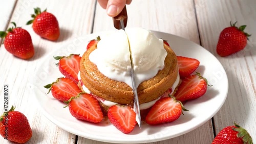 Cutting Strawberry Shortcake with Ice Cream on Plate
