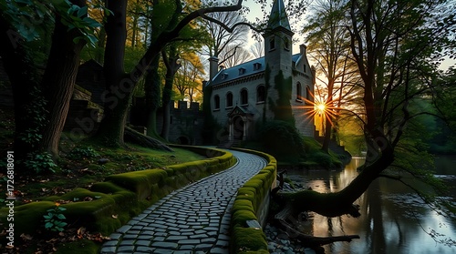 A pathway leading to a castle in the forest land