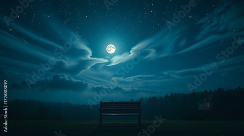 Bench under moonlit night with cloudy sky above