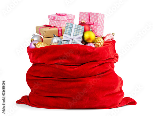 Red Santa sack with colorful presents and Christmas ornaments, PNG with transparent background, festive holiday element for seasonal design, celebration and New Year joy