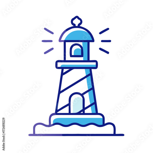 Illustrated lighthouse with blue stripes shining over water  