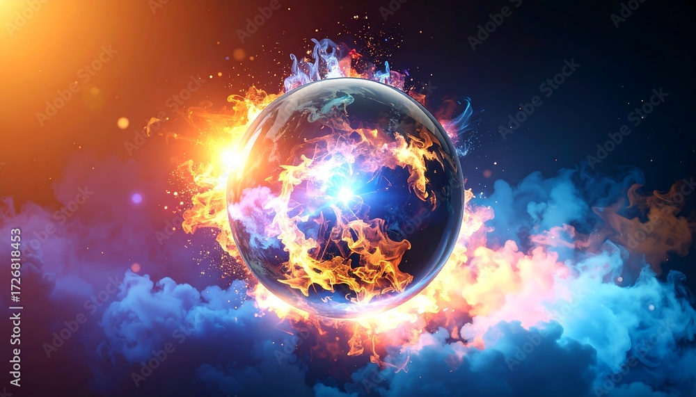 Obraz premium Burning Planet with Fiery Energy Burst in Space Illustration