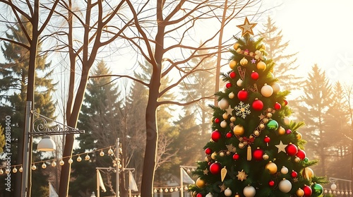 Decorated christmas tree in a winter park setting