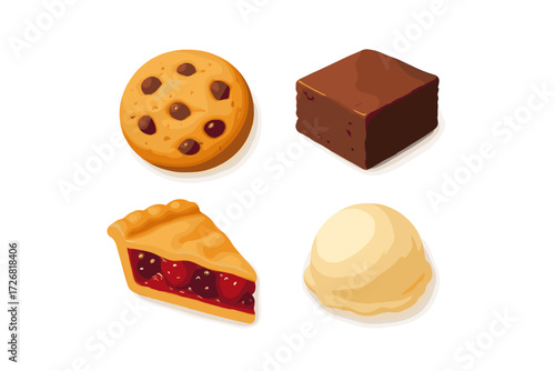 Delicious dessert assortment featuring cookie, brownie, pie, and ice cream on a clean white background