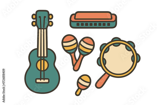 Colorful collection of musical instruments on a flat surface featuring a guitar, harmonica, maracas, and tambourine