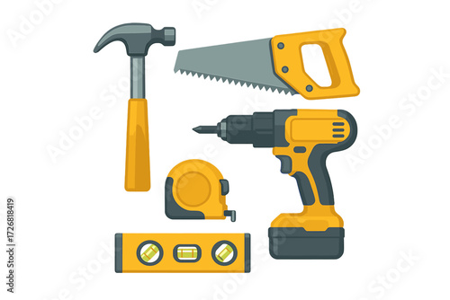 Essential tools for home improvement projects including hammer, saw, drill, and measuring tape