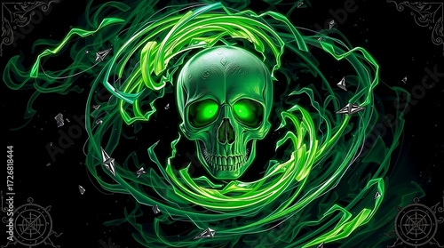 A green skull with glowing eyes and green smoke