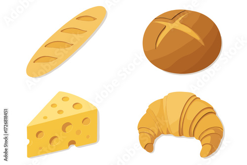 Colorful assortment of bread and cheese displayed on a white background for food lovers