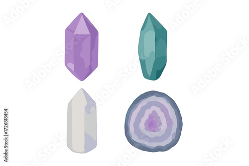 Colorful crystals in various shapes and sizes displayed on a plain background