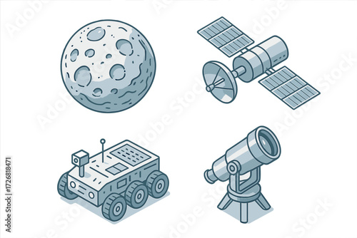 Exploring outer space through the moon, satellite, rover, and telescope illustrations