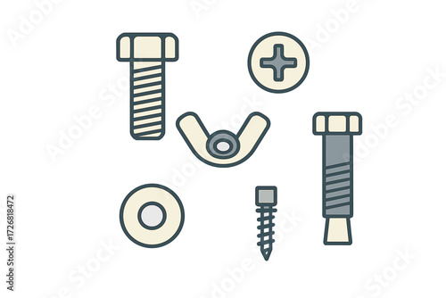Collection of various bolts, screws, and washers displayed on a plain background for hardware illustration