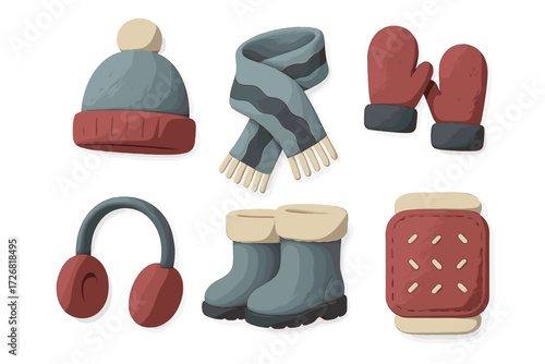 Cozy winter accessories including hat, scarf, mittens, and boots arranged in a flat lay style