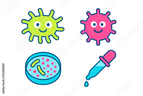 Colorful cartoon bacteria and petri dish with dropper showcase fun learning about microbiology and germs