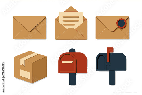 Collection of colorful envelopes and mailboxes showcasing modern mail delivery items
