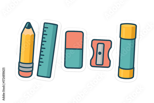 Colorful school supplies including a pencil, ruler, eraser, sharpener, and glue stick arranged neatly for art and craft projects