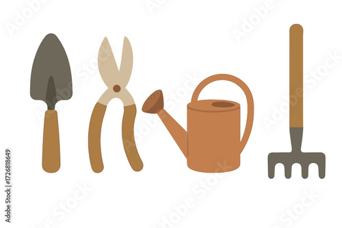 Gardening tools including trowel, pruners, watering can, and rake displayed on a white background