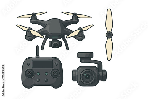 Drone with remote controller and camera components arranged on a flat surface showcasing modern technology