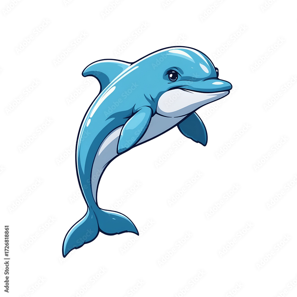 Obraz premium Happy Cute Blue Cartoon Dolphin Leaping Up Isolated on Transparent Background
