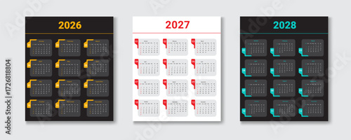 Three vertical calendar designs for the years 2026 2027 and 2028
