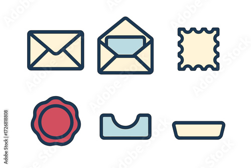 Various illustrations of letters, envelopes, stamps, and seals showcasing postal items commonly used in communication
