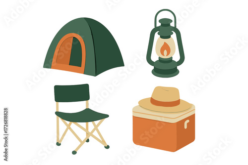 Camping gear including a tent, lantern, cooler, and folding chair for outdoor adventures and relaxation