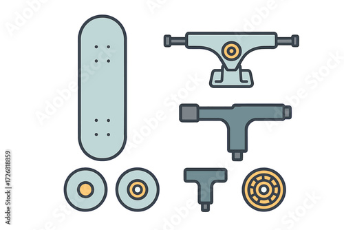 Skateboard assembly components laid out for easy building and customization in a creative workspace