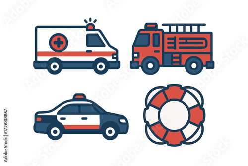 Emergency services icons including an ambulance, fire truck, police car, and lifebuoy illustration on a simple background