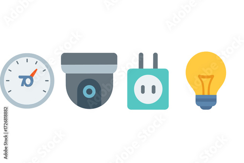 Icons representing speed, surveillance, power, and lighting for smart home technology