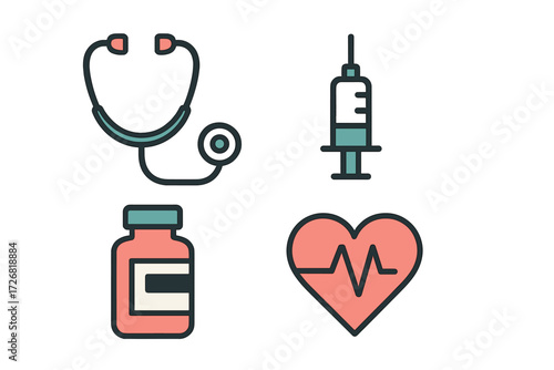 Medical symbols including stethoscope, syringe, medicine bottle, and heart outline used in healthcare concepts