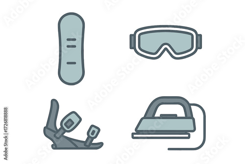 Essential snowboarding gear including snowboard, goggles, bindings, and iron for maintenance activities