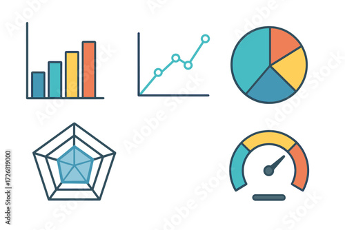 Graphs and charts display data analysis in a modern and colorful style for presentations and reports