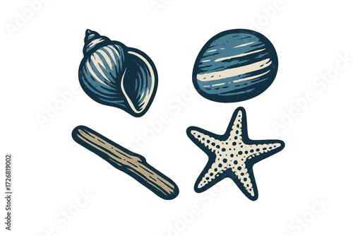 Collection of seashells, a starfish, and driftwood arranged on a light background, highlighting beach treasures found during summer days
