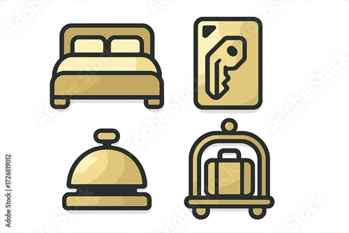 Gold icons representing hotel amenities and services featuring a bed, key, bell, and luggage cart