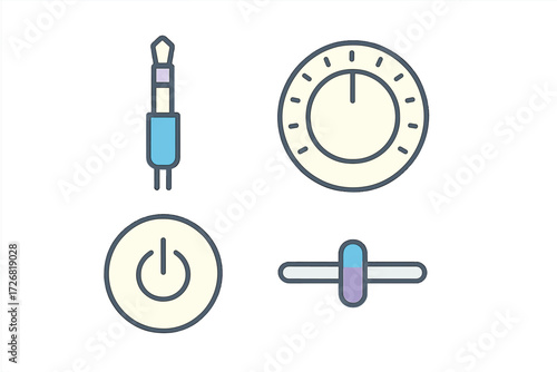 Set of modern electronic icons including a toggle switch, volume knob, and other controls for user interface design