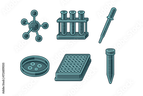 Laboratory equipment including test tubes, pipette, petri dish, and molecular model on a clean surface