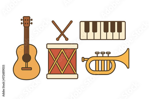 Musical instruments displayed together in a colorful arrangement for a fun and creative artistic vibe