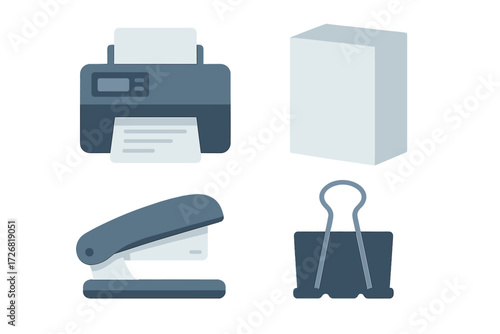 Office supplies arranged on a clean desk with printer, stapler, box, and binder clip