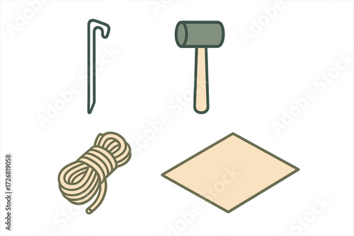 Tools for setting up a campsite include a mallet, tent stake, rope, and tarp for outdoor adventure preparation