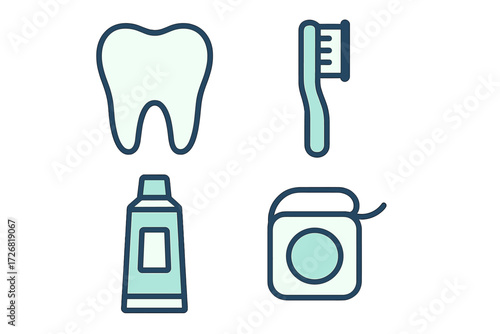 Dental hygiene essentials including a tooth, toothbrush, toothpaste, and dental floss for healthy smiles and oral care routines