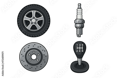 Car parts including wheel, spark plug, brake disc, and gear shift for automotive enthusiasts and DIY mechanics